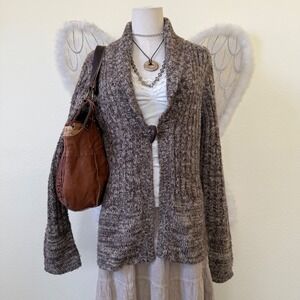 Fitted Grandpa Ribbed Knit Cardigan Sweater Shawl Collar Brown Speckled Boho Y2K